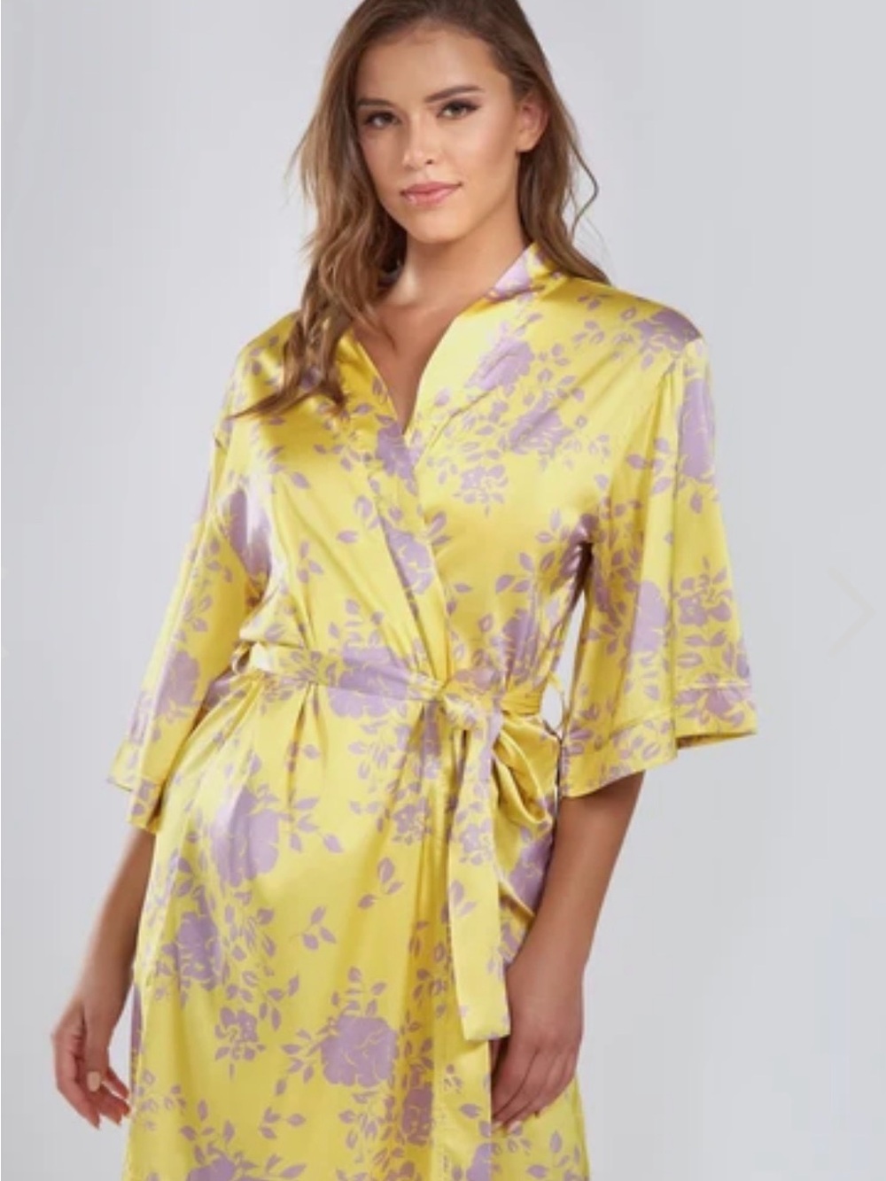 iCollection Fiona Satin Floral Print Robe Yellow Purple XS